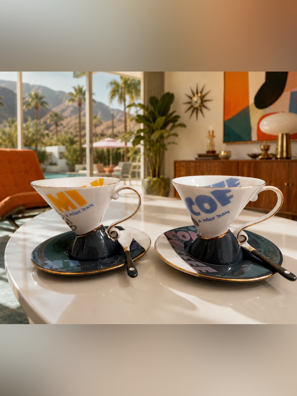 Mid Century Modern coffee mocca tea cups Set with spoons. Rare